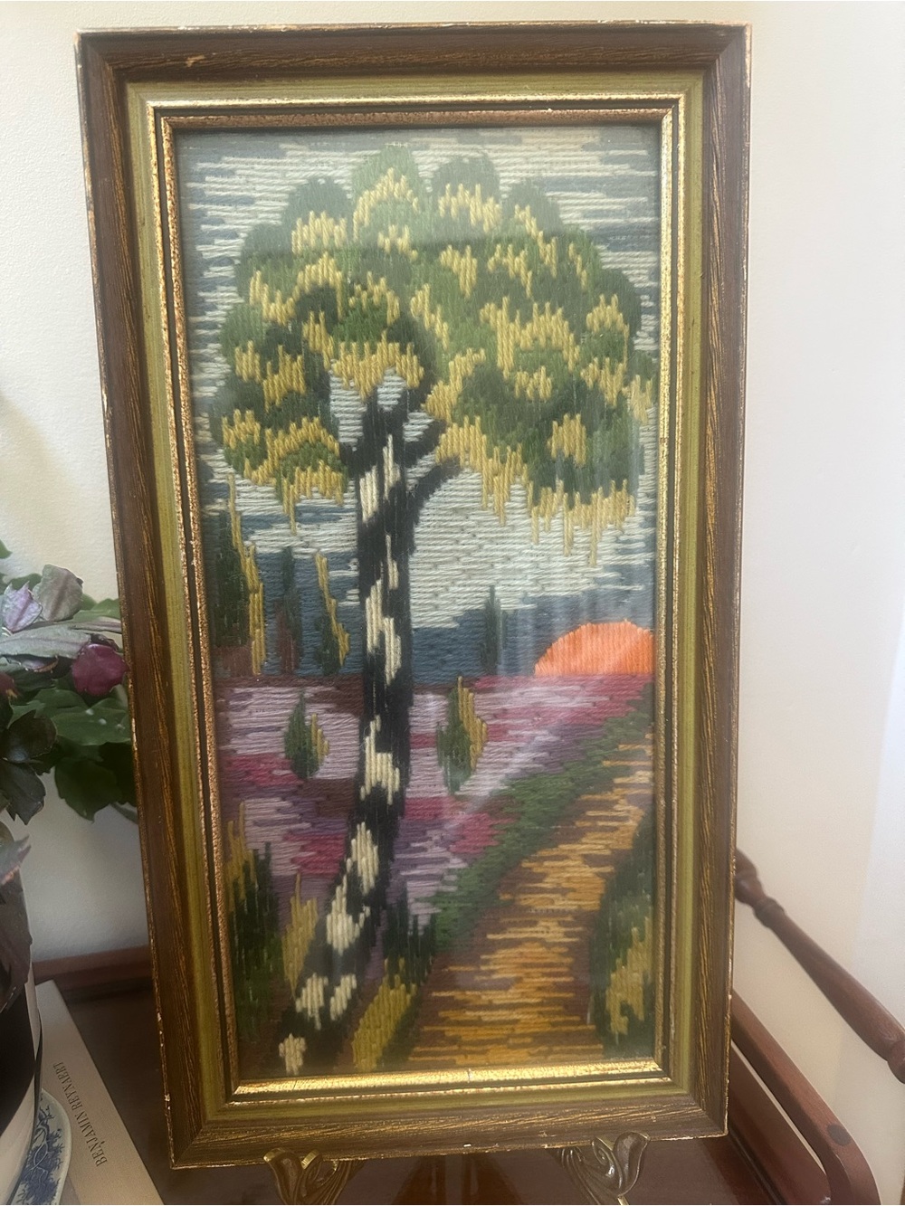 Vintage Handmade Green Tree Crewel Needlepoint Wall Art
